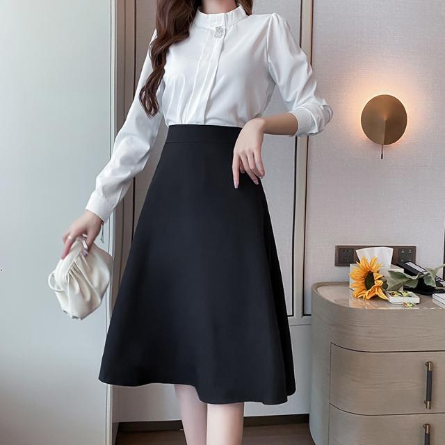 Petite Women's Black High-Waisted A-Line Pleated Mid-Length Skirt - Summer Professional Umbrella Style