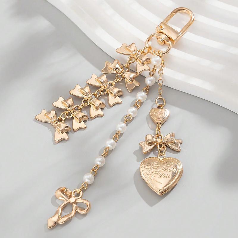 Imitation Pearl Bow Heart Pendant Bag Pendant Pink Strawberry Hollow Flower Tulip Beaded Keychain Accessories