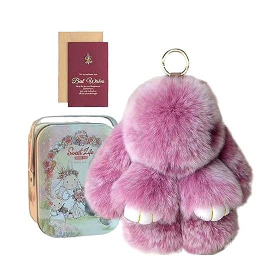 Handmade Soft Plush Bunny Keychain with Tin Box Fluffy Cute Bunny Pom Pom Charm Stuffed Animal Keyring for Easter Birthday Gift