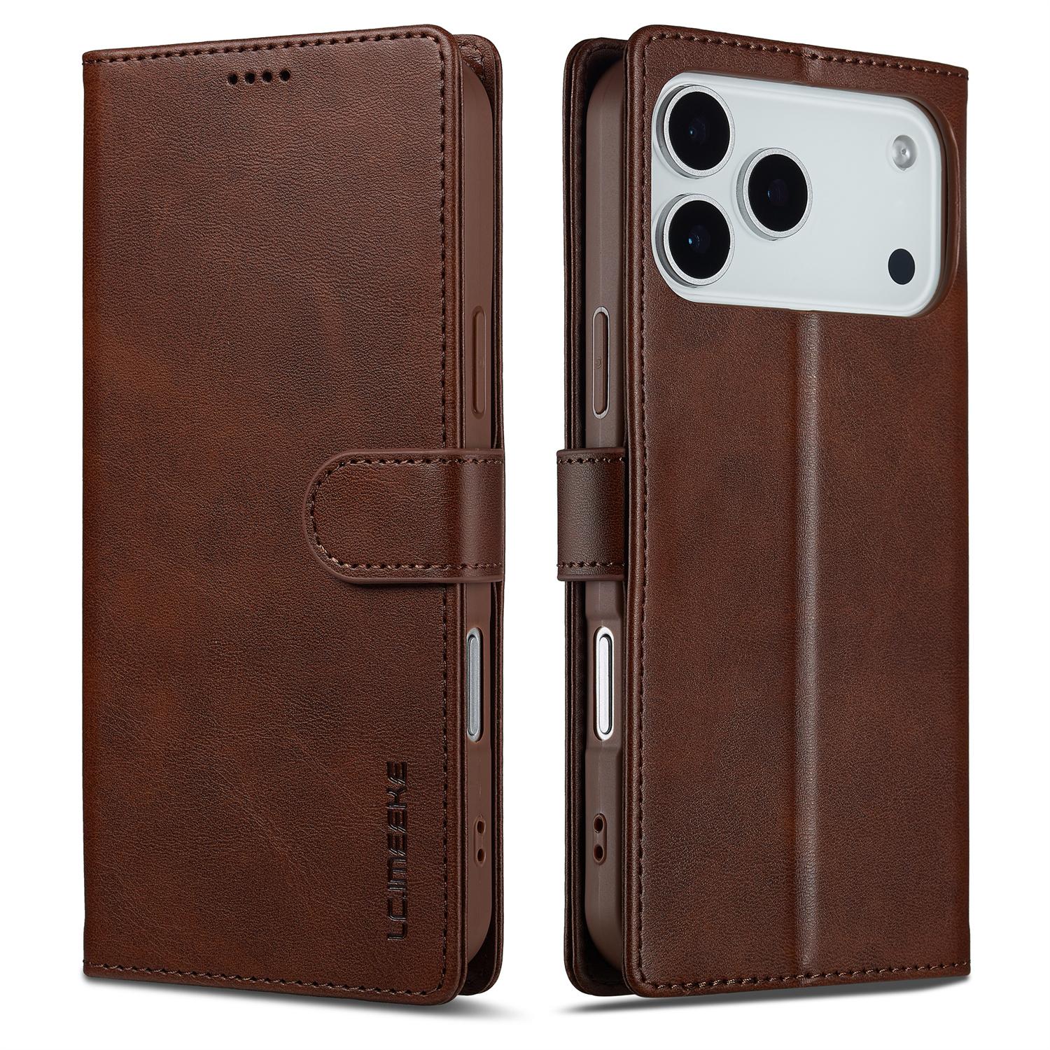 

LC.IMEEKE For iPhone 17 Pro Case Calf Texture PU Leather Stand Wallet Phone Cover Brown