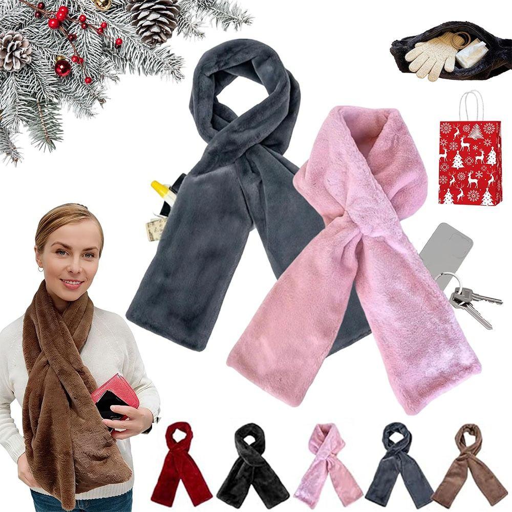With Hidden Zipper Pocket Plush Scarves Soft Cross Neck Scarf  Autumn/Winter