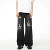 American high street black ripped jeans men's and women's summer new ins trendy brand straight loose mopping wide-leg pants