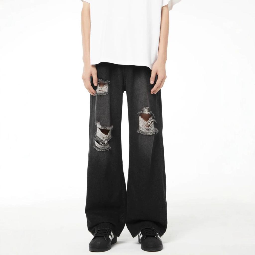 American high street black ripped jeans men's and women's summer new ins trendy brand straight loose mopping wide-leg pants