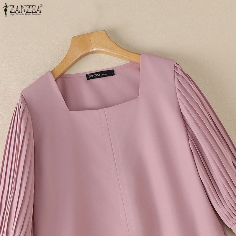 ZANZEA Women Square Collar Solid Color Loose Casual 3/4 Sleeve Blouse