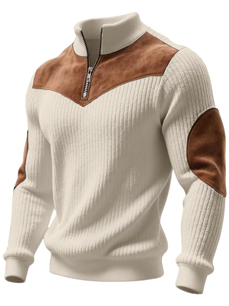 Men's Retro Stand-Up Collar Ribbed Pullover - Half-Zip, Warm Patchwork for Autumn/Winter Christmas Gift