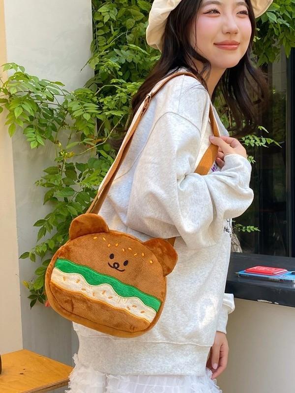 Soft Velvet Hamburger Bear Crossbody Bag With Embroidery For Daily Use