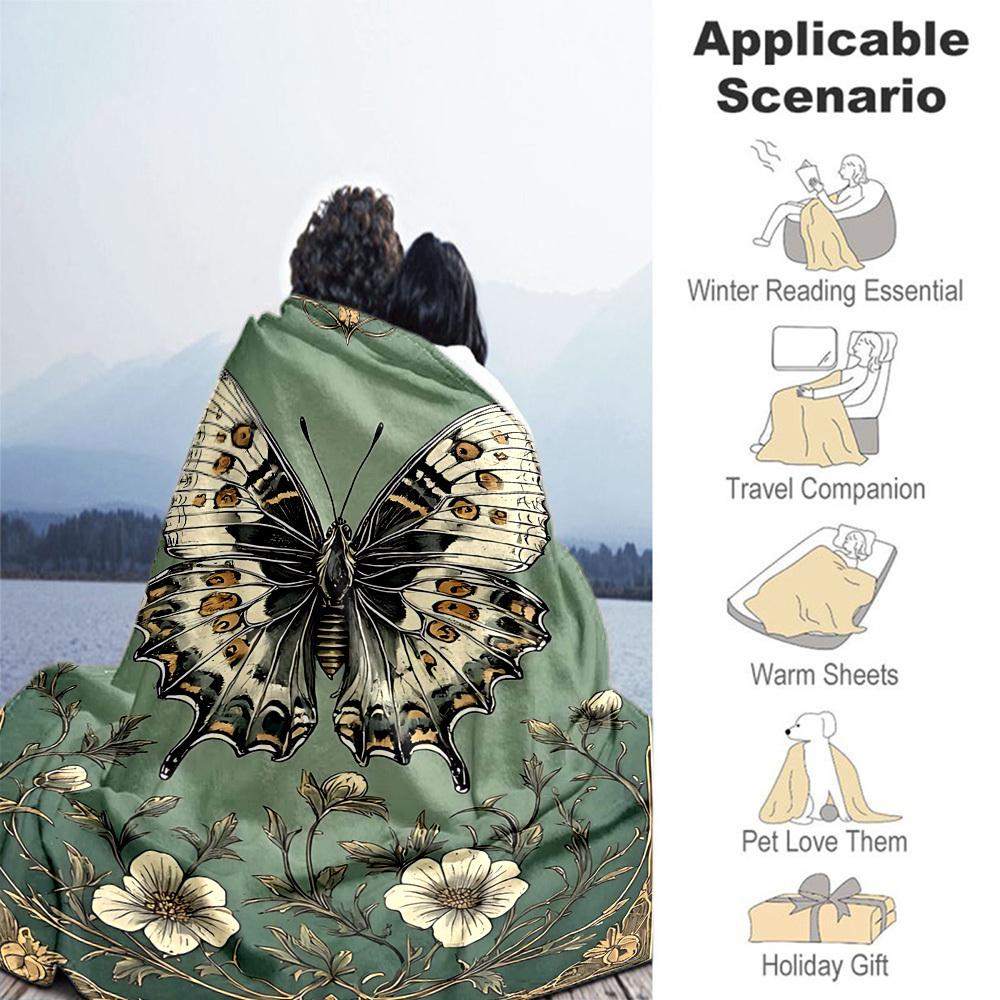 1PC Butterfly FlowersOutdoor Flannel Blanket - Soft Plush Decor for Picnics, Camping, Bedroom, Playroom, Office, or Lunch Break 1275A