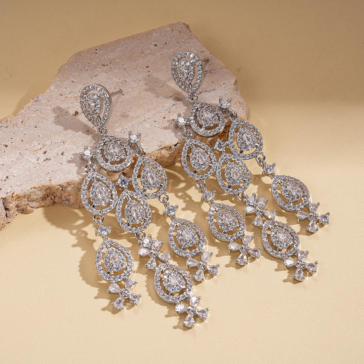 Zircon hollow water drop flower fringed silver needle earrings exquisite earrings