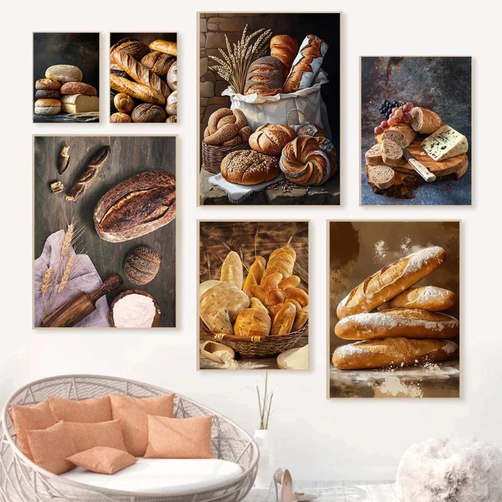 Delicious Assortment of Fresh Bread Posters Freshly Baked Wheat Prints Canvas Painting Wall Art Pictures Home Living Room Decor