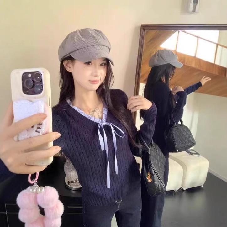 

Women s Soft Cable Knit Sweater with Faux Two-Piece Bow Tie Design S синий
