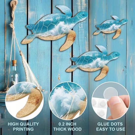 Tropical Wall Decorations 3Pcs Wooden Turtle Art, Ocean Theme Hanging Ornaments for Bathroom Room Decor Living Bedroom, Coastal Beach Style