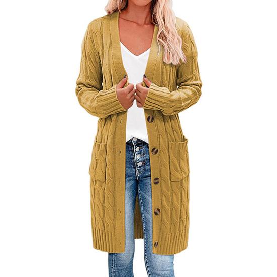 Solid Color Long Sleeve Women Cardigan Button Down Pockets Open Front Twist Sweater Coat Outerwear