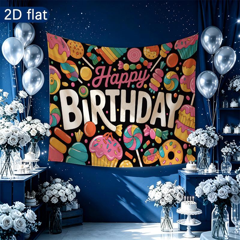 Gifts Candy Sweet Happy Birthday Party Banner, Multicolor Polyester Backdrop for Celebration & Photos