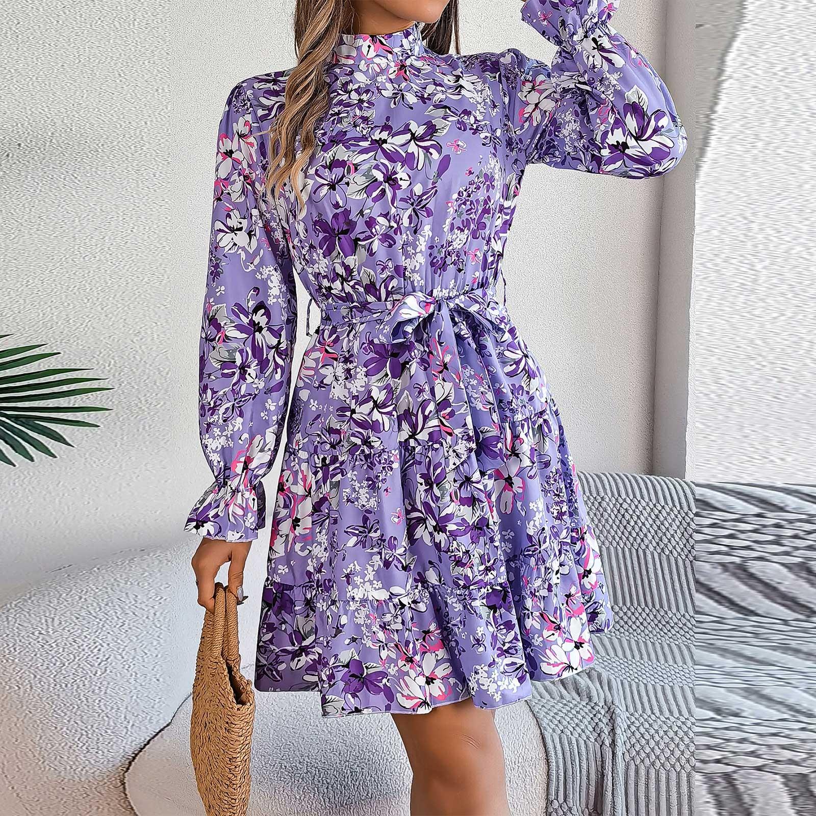 

Женское повседневное платье А-силуэта с длинными рукавами, оборками, воротником-стойкой и цветочным поясом XL фиолетовый