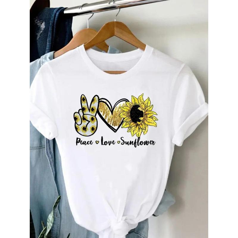 Sommar Rundhalsad Tryckt Topp Trendig Vardaglig Söt Kortärmad Dam Ren Bomull Ren Vit T-shirts