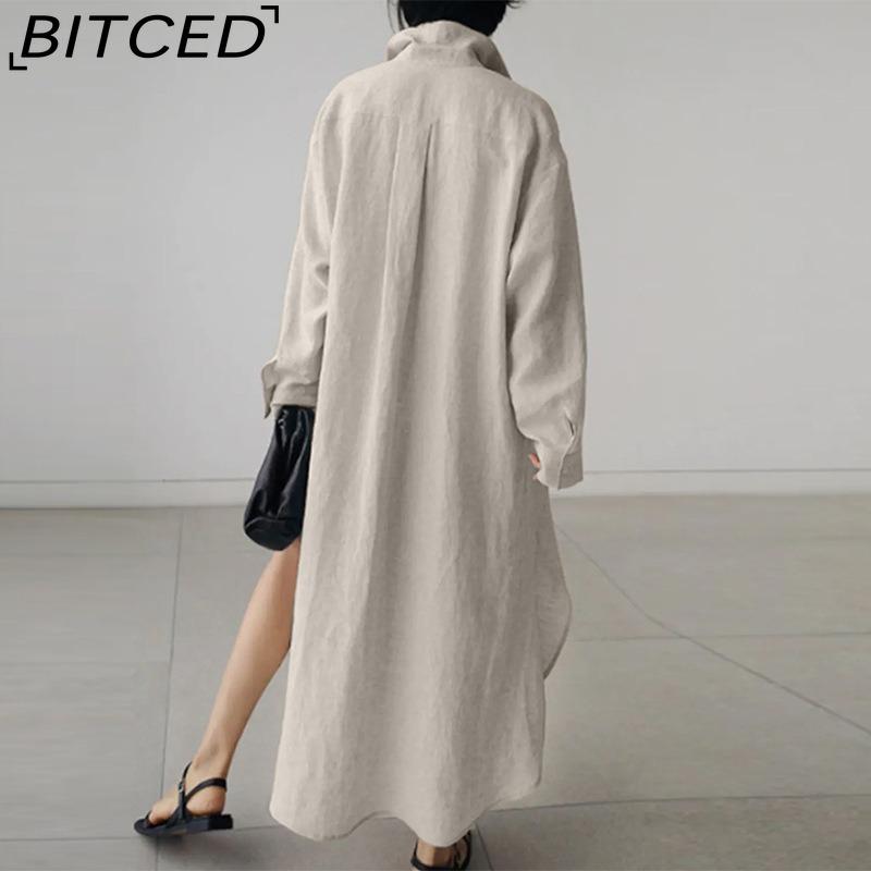 BITCED Women's Casual Loose Turn-Down Collar Long Sleeve Shirt Dress