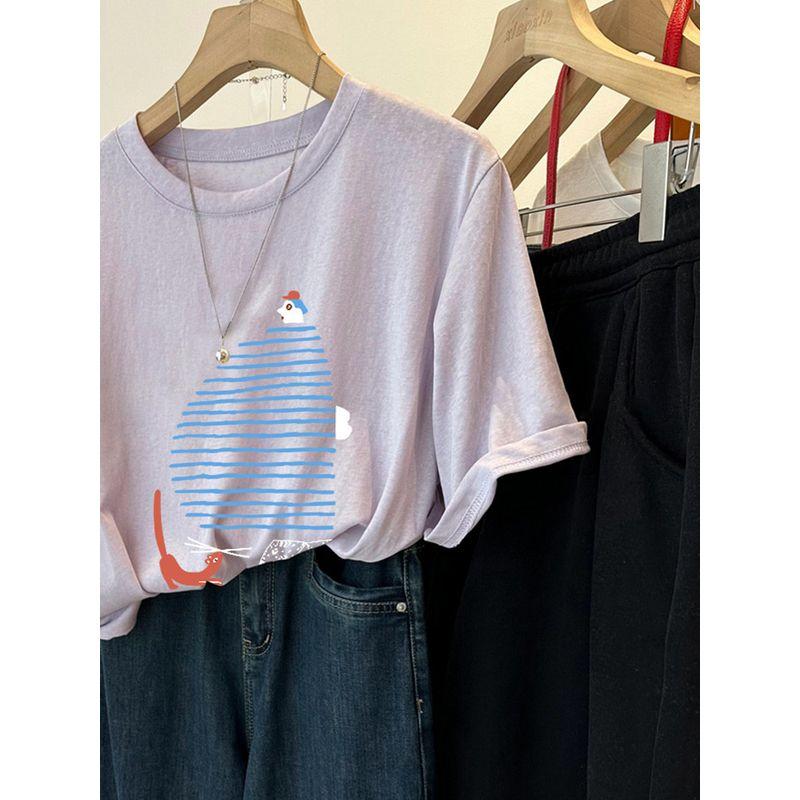 Fat Sister 100.00kg Plus size Korean Series Western Style Cartoon Cool Snowflake Cotton Short sleeve Women Summer Loose Slimming T-shirt Top