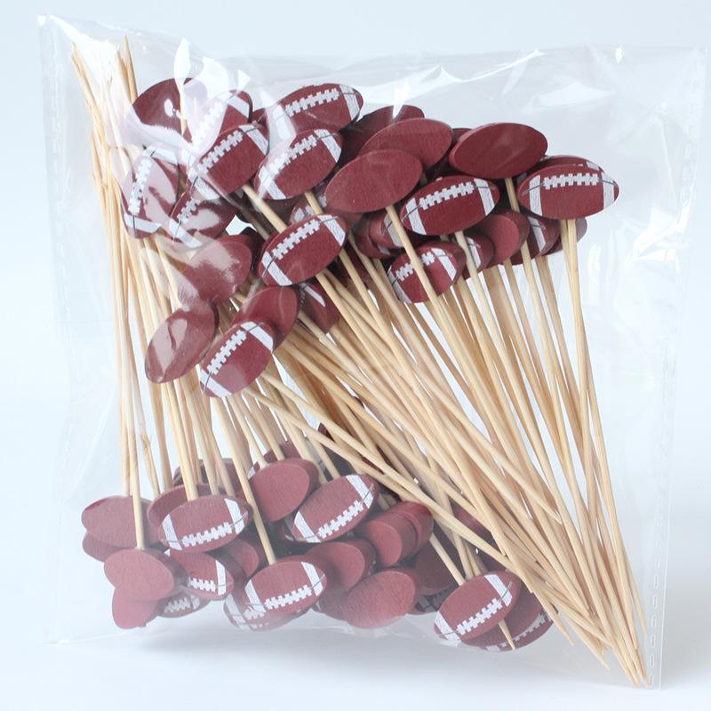 100Pcs Soccer Bamboo Skewers Disposable Food Fruit Picks Kids Football Birthday Party Cake Topper Buffet Cocktail Fork Sticks