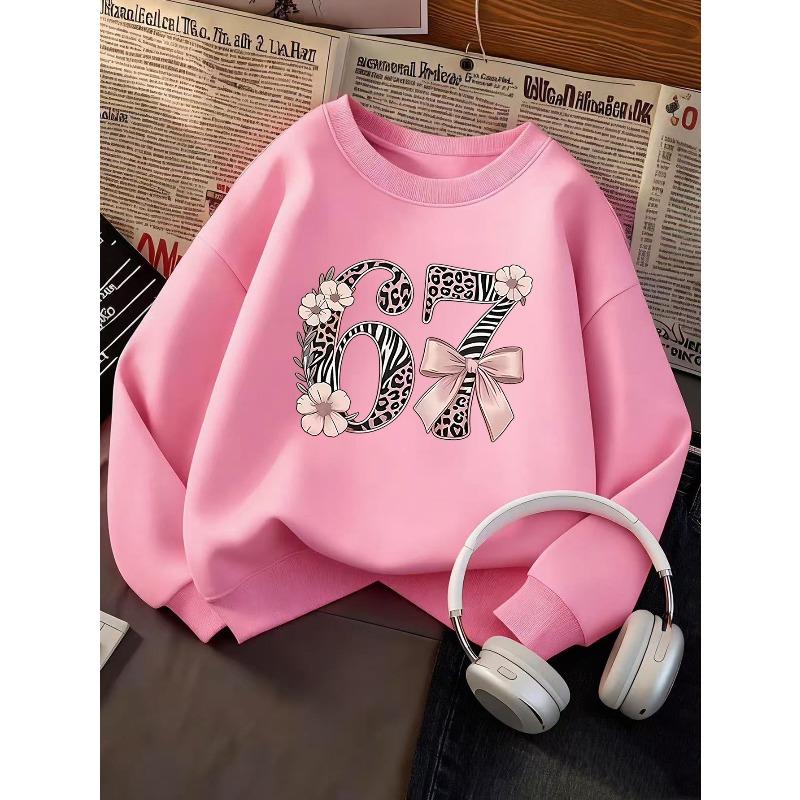 Kids Girls Crewneck Sweatshirt, Leopard Zebra Print Flower Bow Number 67 Long Sleeve Pullover, Cute Birthday Sweatshirt For Kids Over 4 Years Old
