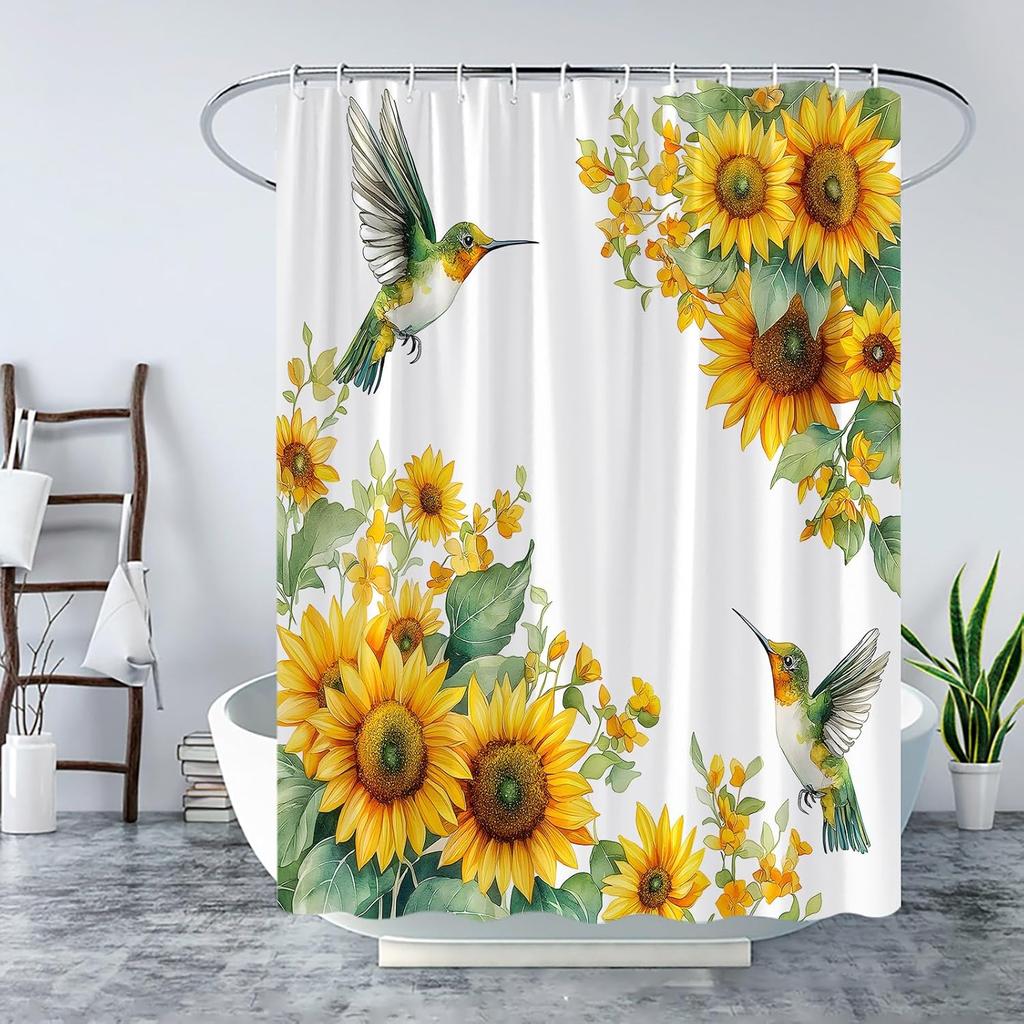 Rustic Sunflower Shower Curtain Watercolor Hummingbird Retro Yellow Flower Green Leaf Country Farmhouse Spring Floral Plant Nature Botanical Bath