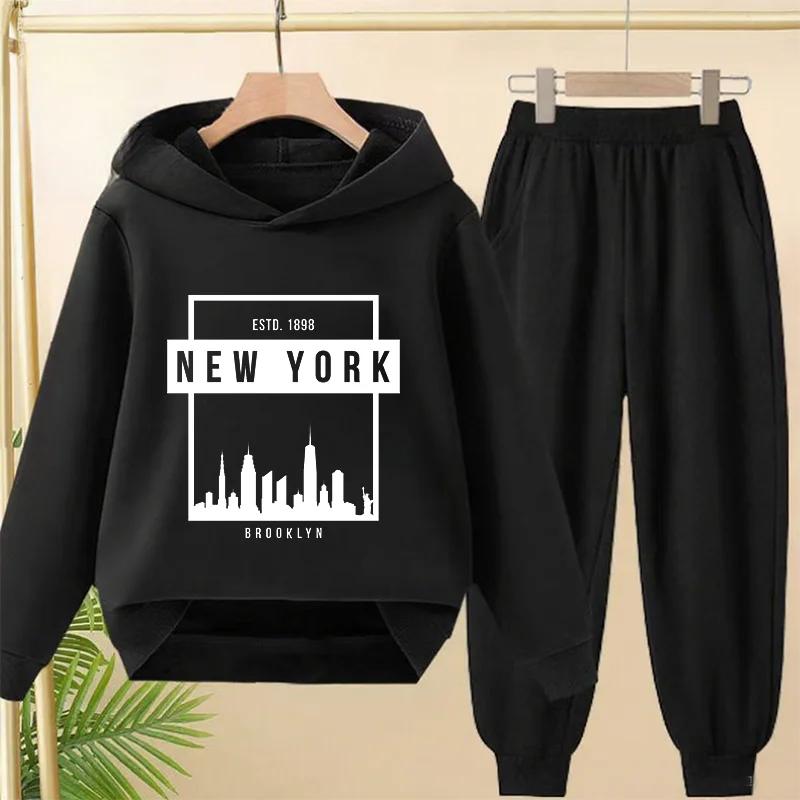 Spring Autumn New York BrookLyn Letter Print 2pcs Hoodie+Pants Tracksuits 3-13 Years Boys Girls Streetwears Children Clothes