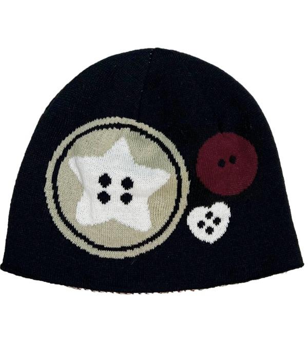 Deuneiji Jacquard Big Button Logo Beanie Black 0020