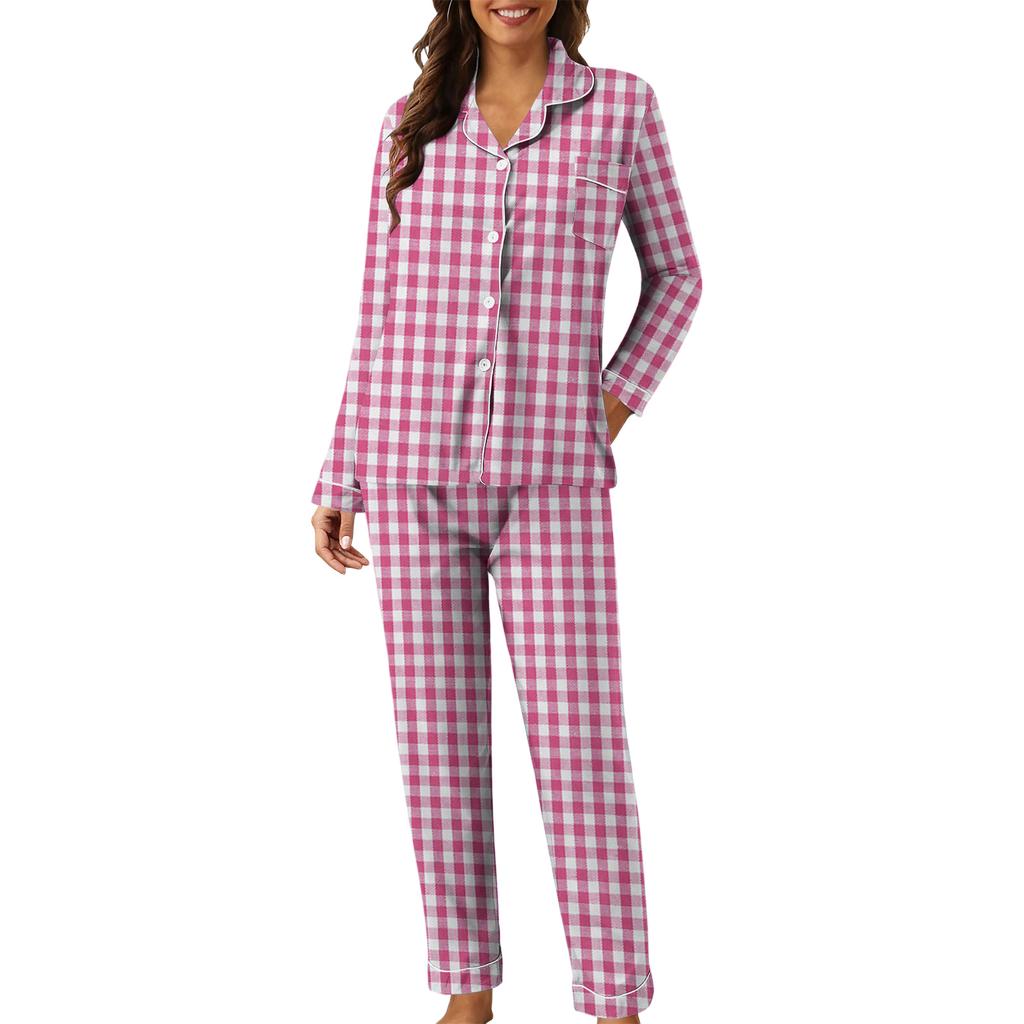 Conjunto de Ropa de Casa Casual para Mujer con Estampado de Cuadros y Parches, de Manga Larga