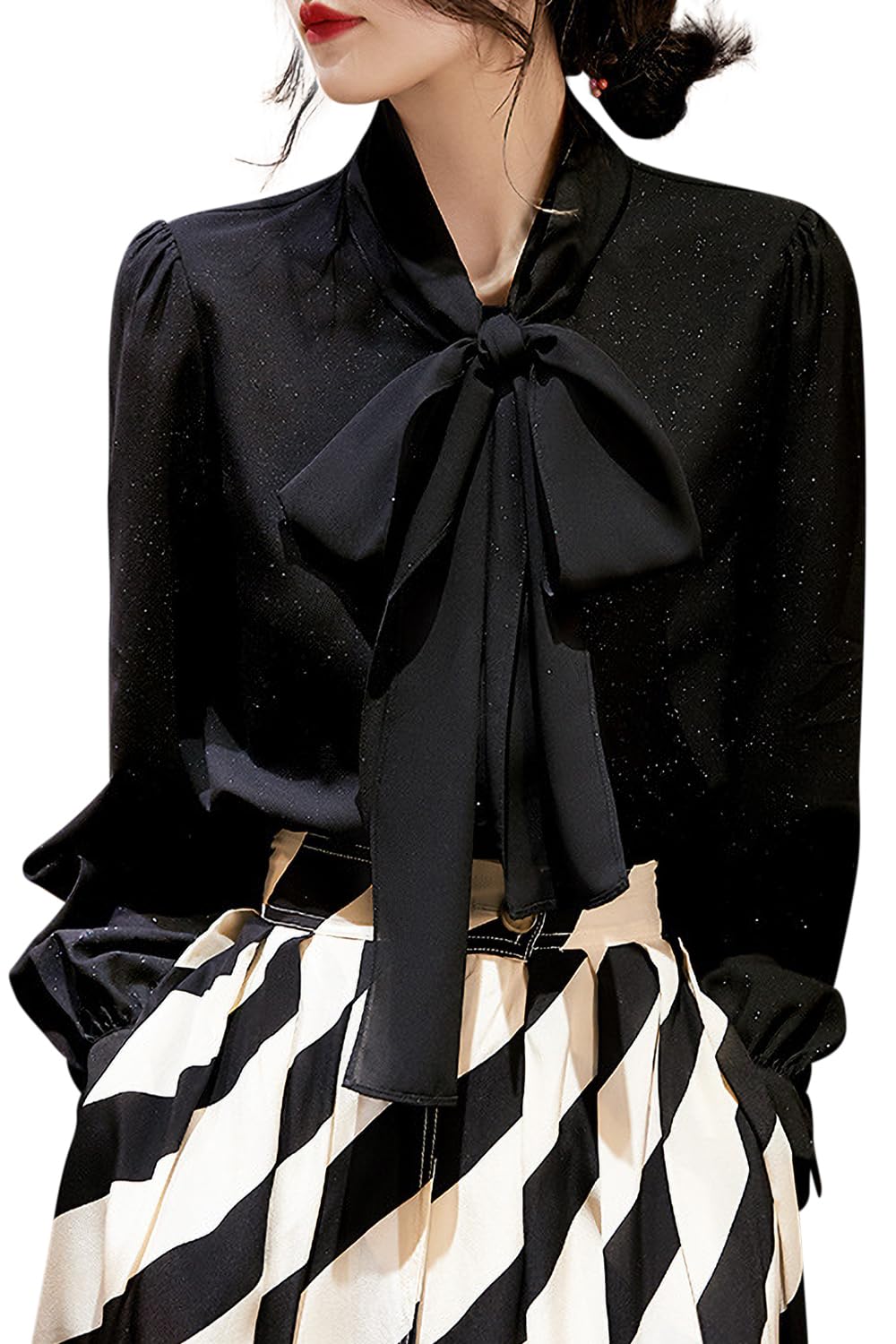 

MITOTOMI Элегантная шифоновая блузка с длинным рукавом, лентой и черным кружевом, женская, ламе (JP, Алфавит, L, Черный) чёрный