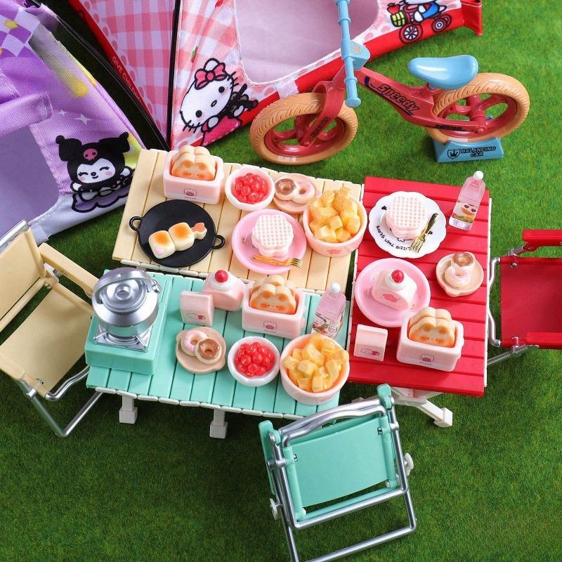 Miniature Camping Tent Set Glamping Dollhouse Furniture with Picnic Table Bicycle & Pretend Food 1:12 Tiny Tent Playset for Kids