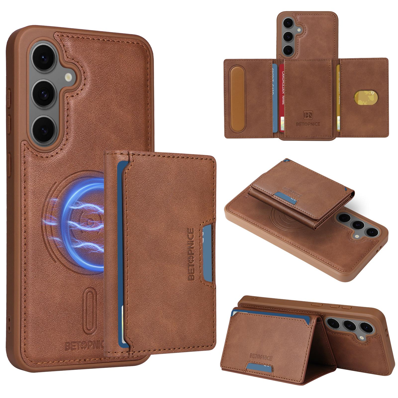 

For Samsung Galaxy S24 FE Magnetic Case BETOPNICE Leather Phone Cover Kickstand with Detachable Card Bag Brown