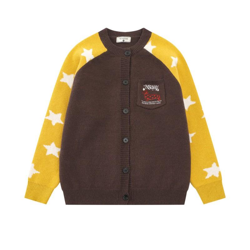 Mens Oversized Crewneck Cardigan Sweater With Contrast Shoulder Panels Embroidered Pocket - Fall Streetwear Knitwear