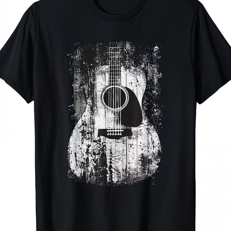 Men's Casual Retro Rock Acoustic Guitar Printed T-shirt Men's T-shirt Summer Straight Tube Unis