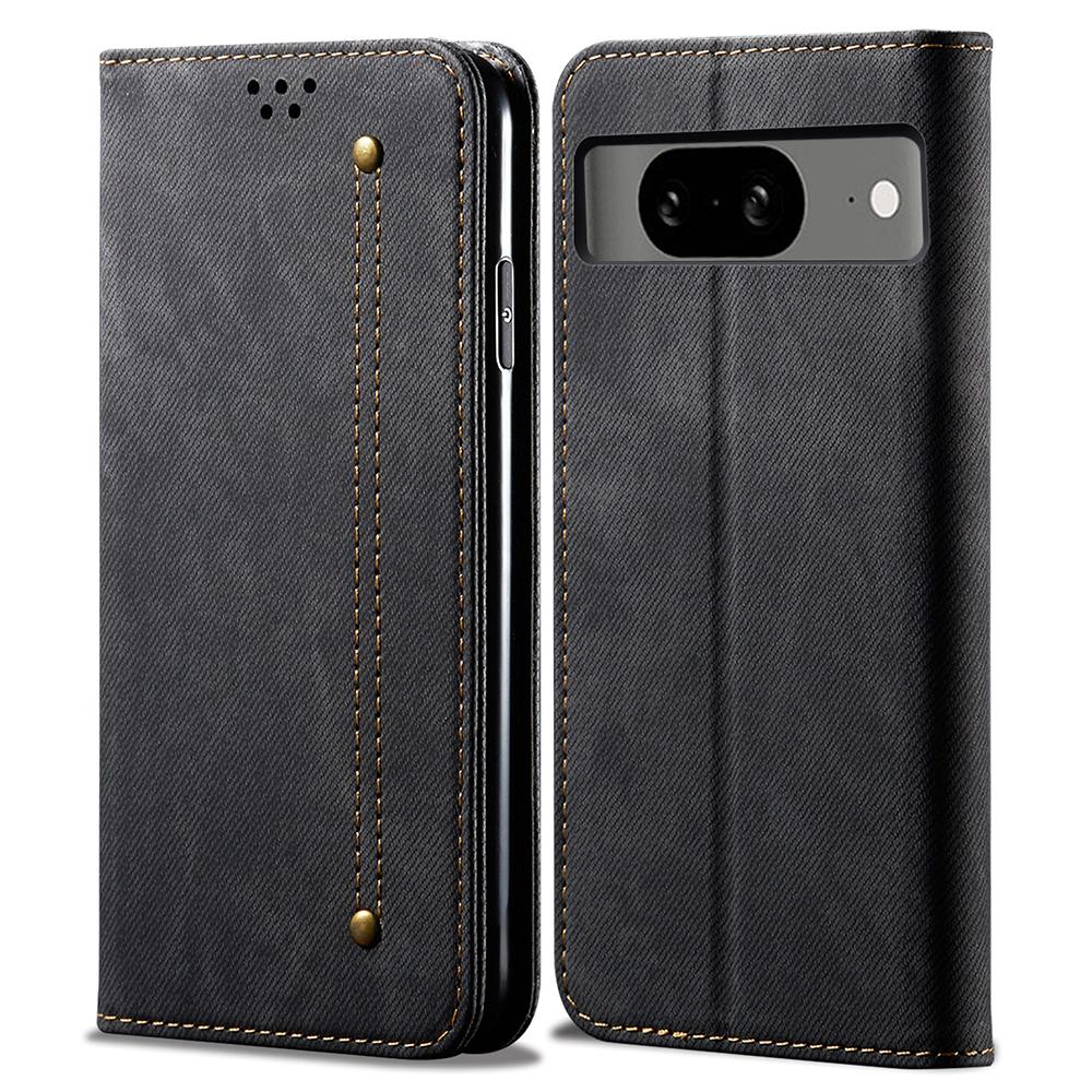 

For Google Pixel 8 Jeans Cloth Texture Phone Cover PU Leather Stand Wallet Mobile Case Black