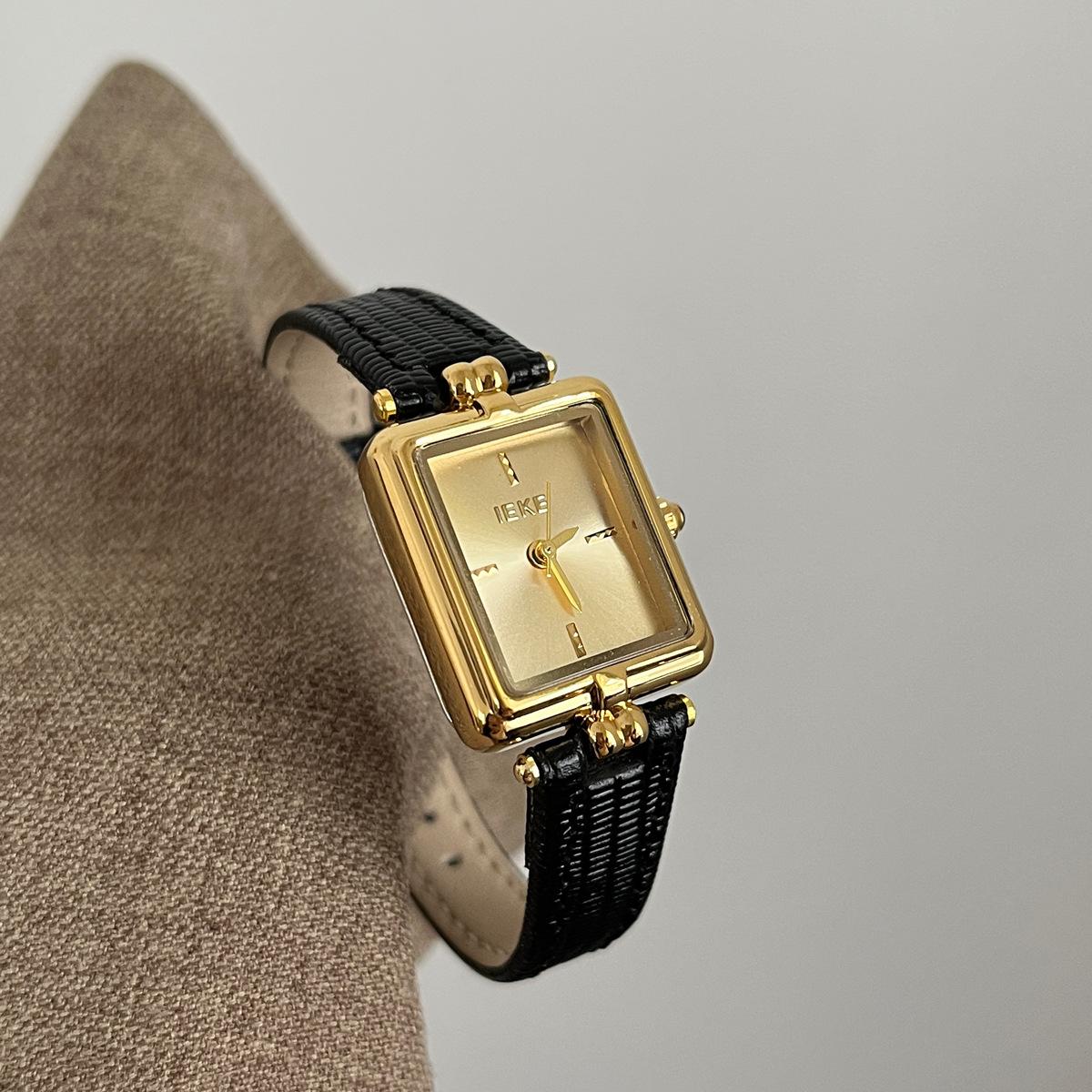 IEKE hot-selling small gold watch, female light luxury niche student retro high-end leather quartz watch