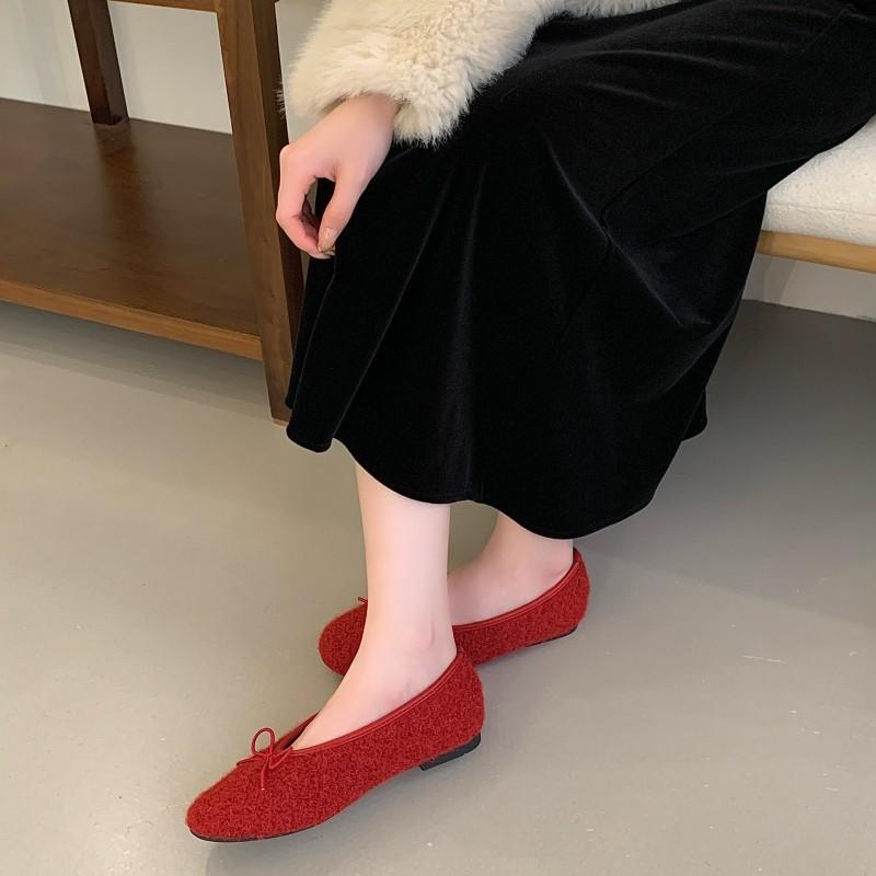 Flat bottom square head bow woolen single shoes women's 2025 autumn and winter new cotton shoes plush grandma shoes Korean version of woolen shoes