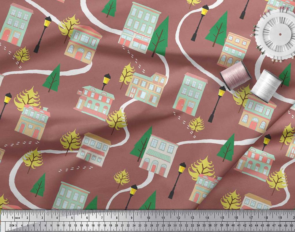 Soimoi Tissu Satin Crêpe Japonais Marron Arbre, Lampadaire & Maison Imprimé Architectural Tissu au mètre 42 Pouces