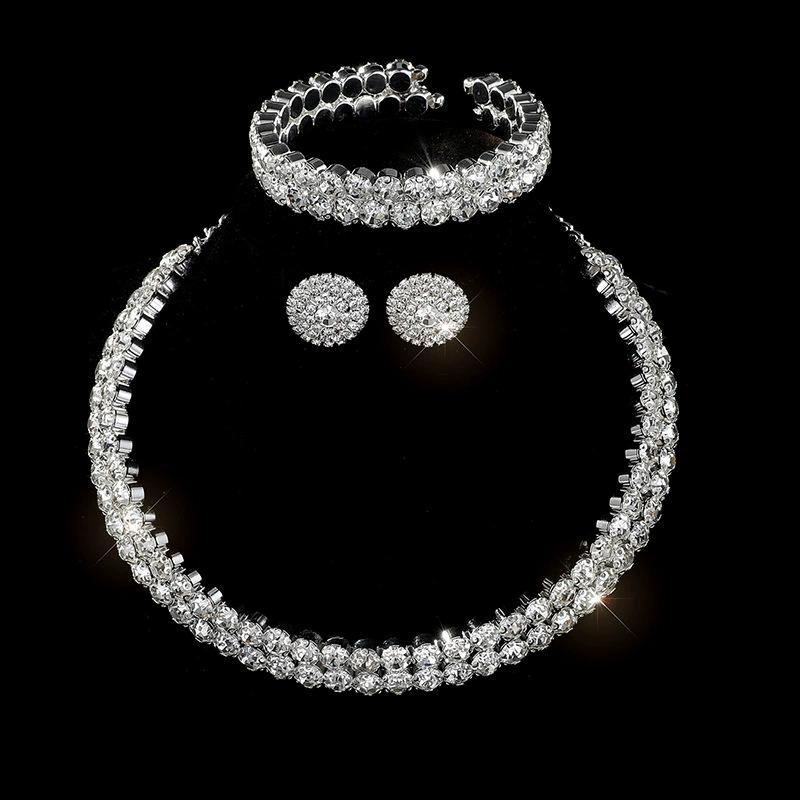 stud earrings, necklace, banquet dress accessories, bridal three-piece set, earrings, collar, open bracelet set.