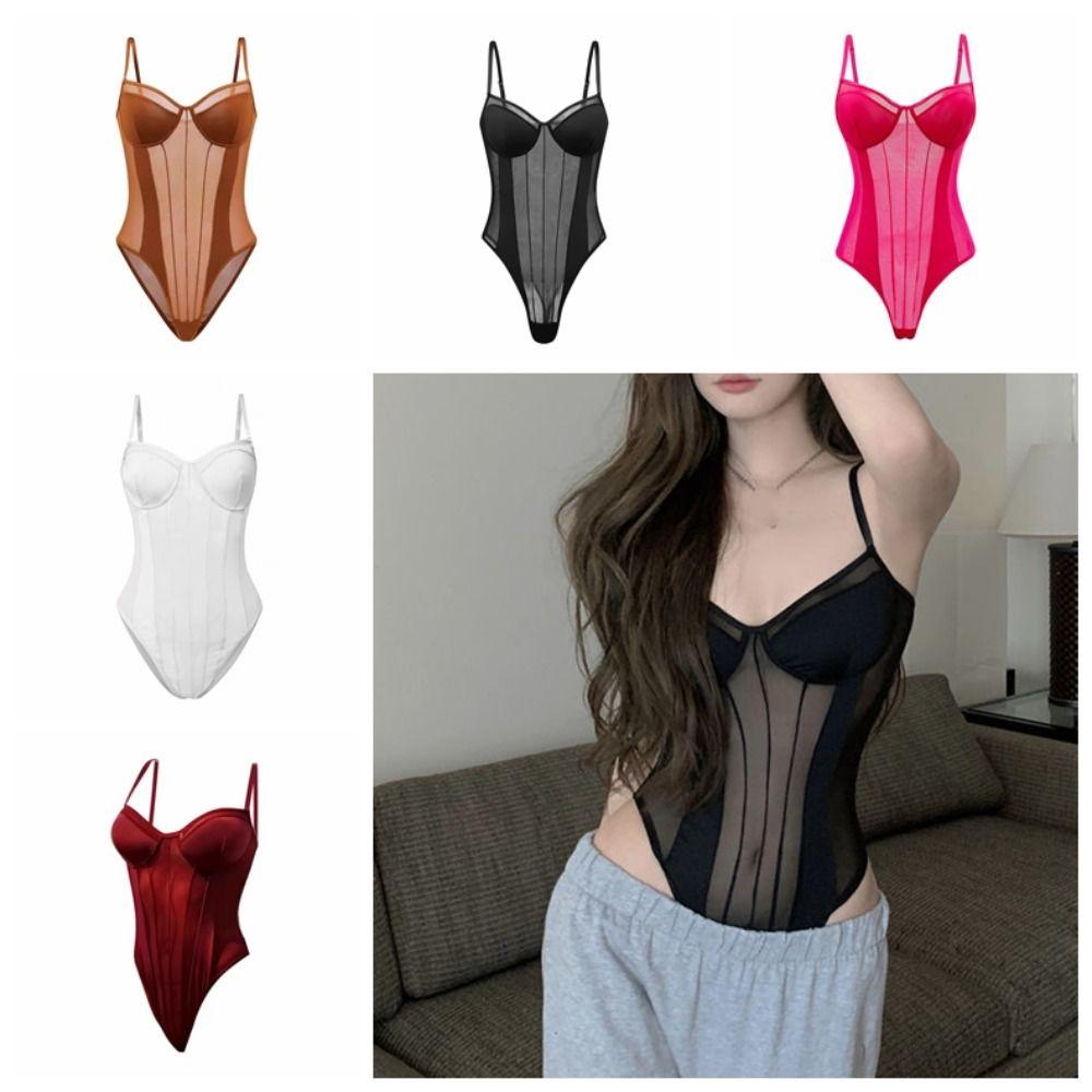 Transparent Deep V Jumpsuits Slim Fit Mesh Bodysuit Women Fashion Camisole Jumpsuits Club