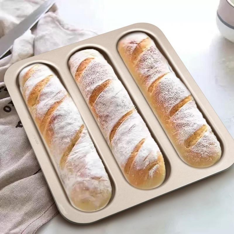 Durable Carbon Steel Baguette Baking Molds, Nonstick French Bread Pan with Rectangular Slots, Specialty 3-Cavity Baguette Mold - Essential Kitchen