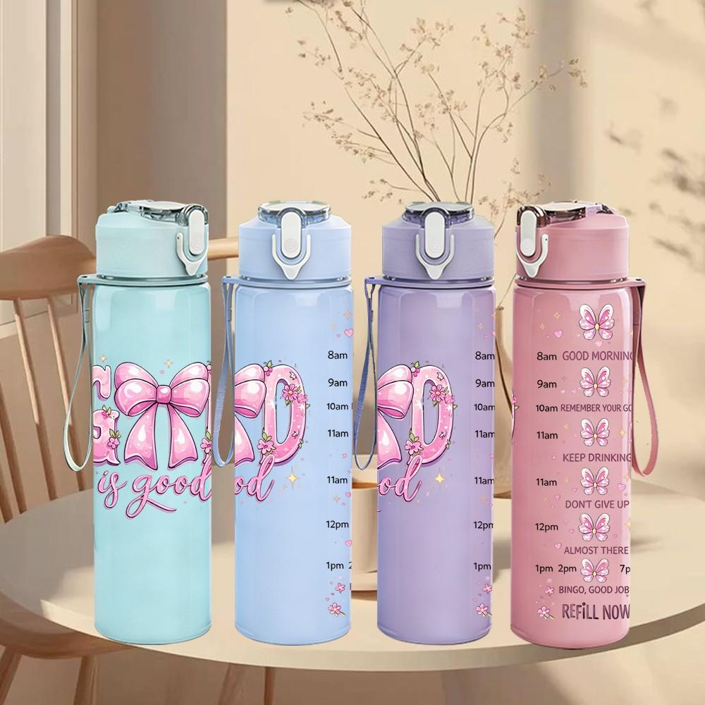 1PC God Is Good Pink Lettering Quote Art 750ml Color Plastic Sports Water Bottle Leakproof Flip Straw Lid Suitable for Sports Office Home Use