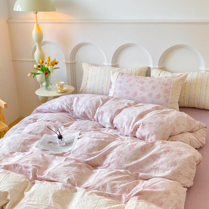 Class A Cotton Maternal And Infant Grade Lace Double-Layer Yarn, Small Style, Fresh, Soft And Comfortable Bed Sheet, Bed Hat Four-Piece