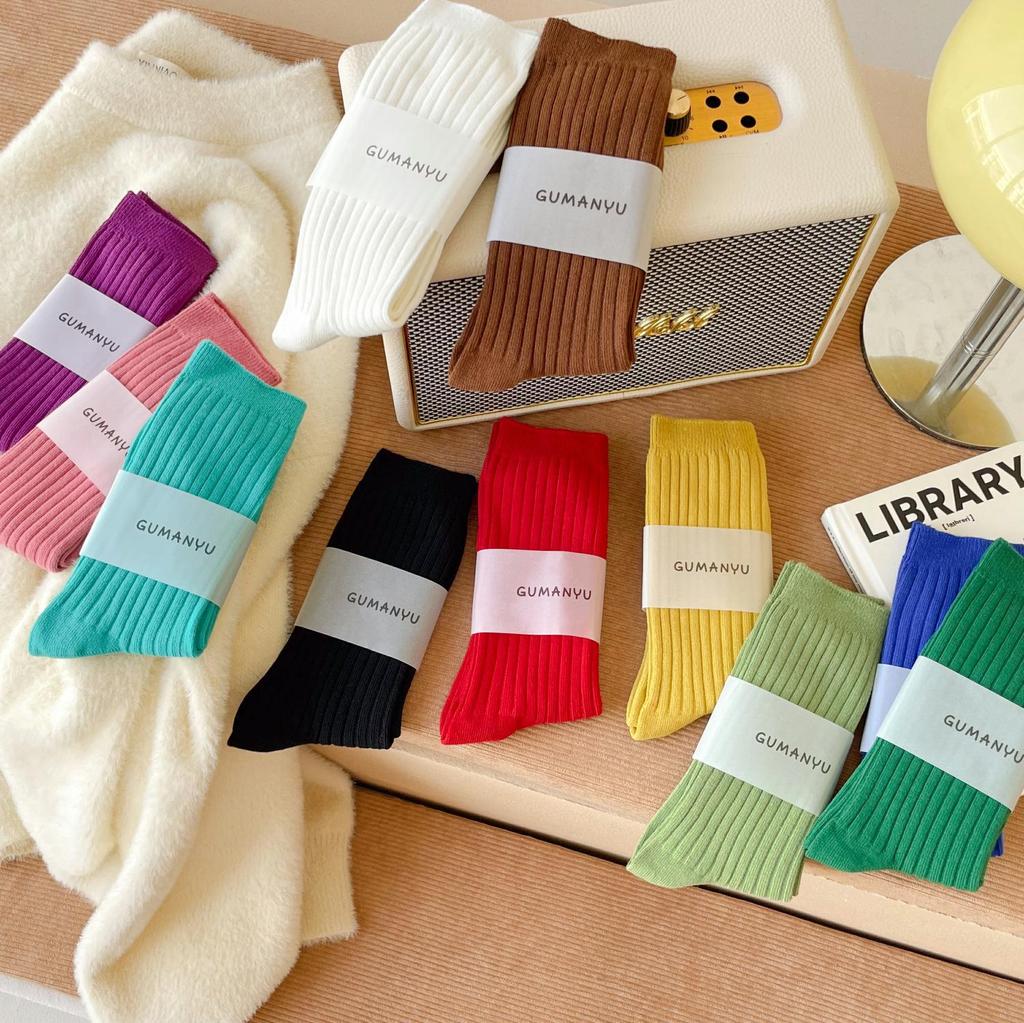 Dámské ponožky ze 100% čisté bavlny do půlky lýtek, trendy korejský styl, jednobarevné, dvoujehlové, podzimní/zimní svislý proužek, podkolenky s volným lemem