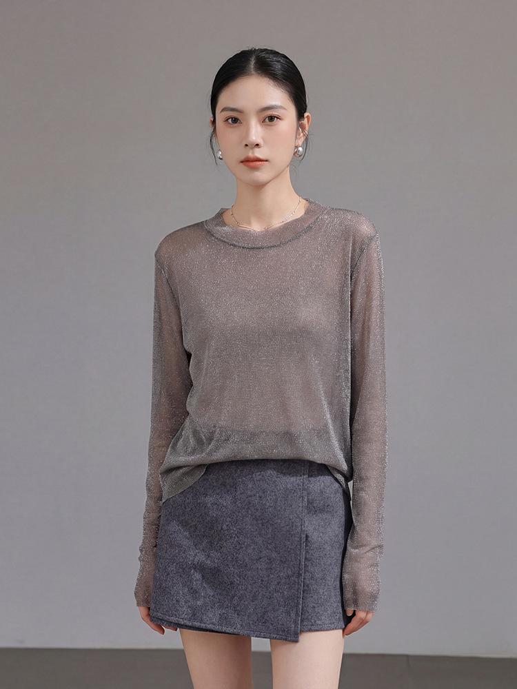 Feiyuan Women's Semi-Sheer Long-Sleeve Top, Solid Color, Versatile Sexy Base Layer, Tummy Concealer, Spring 2026 Arrival