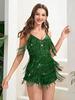 European & American Sexy Sequin Deep V Tassel Jumpsuit: Retro Party Slim Fit