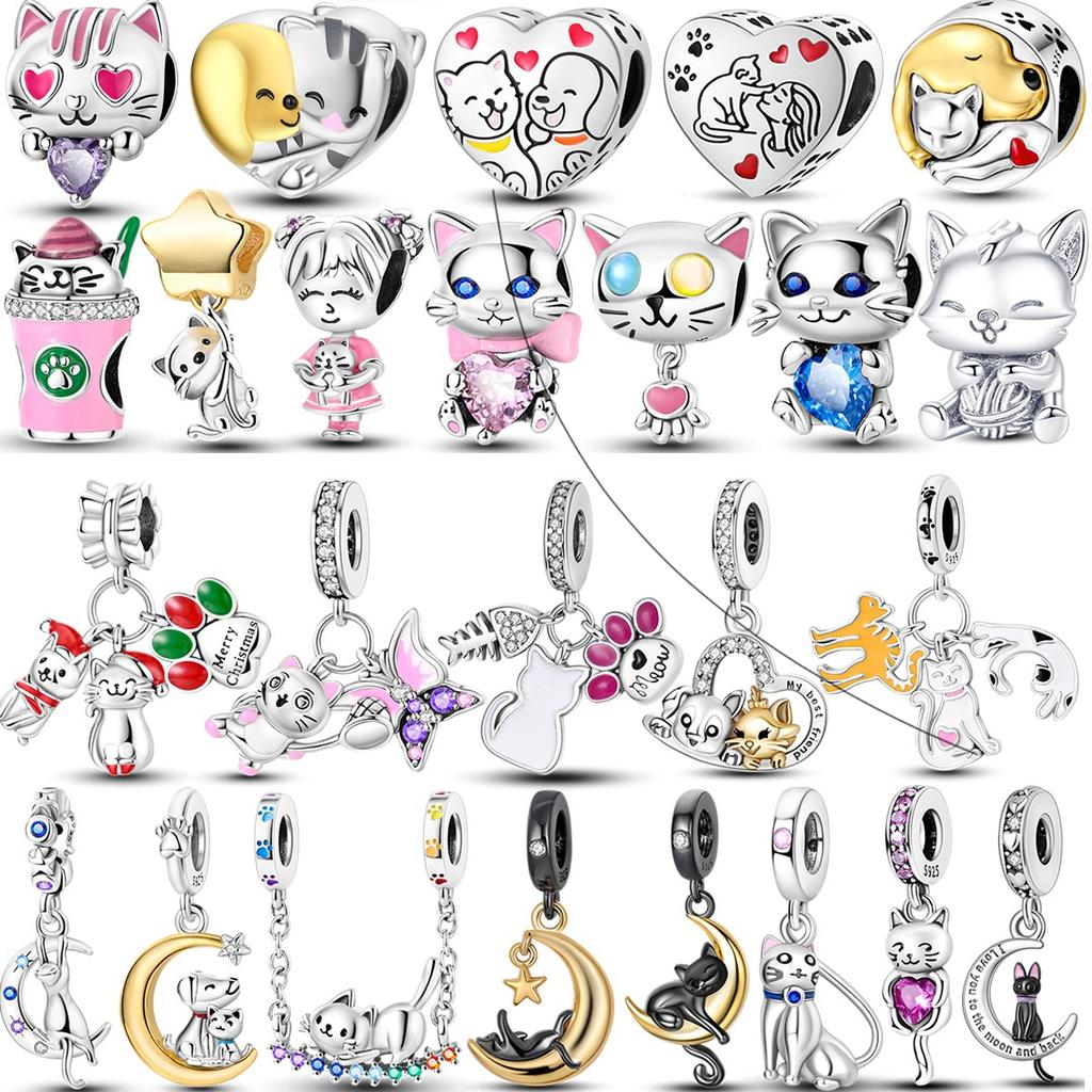 Lovely Cat Series Charms Beads Copper Love Heart Cats Dangle Fit Bracelet Necklace Diy Jewelry Gift Marking