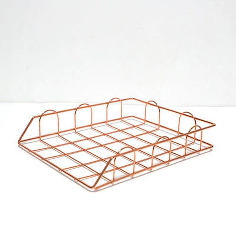 Rose Gold Metal Magazine Holder - Stackable Storage Basket for Office Desktop A4 Paper & Newspapers