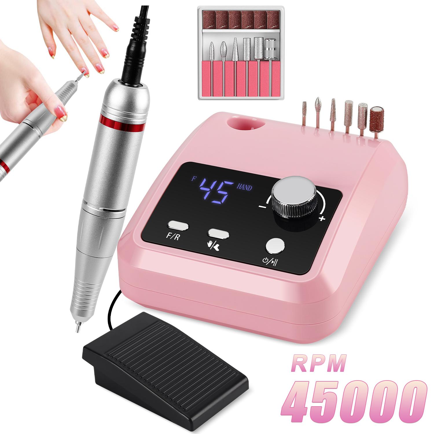 

Машинка для маникюра 45000 об/мин с низкой вибрацией, профессиональная фрезерная машинка для ногтей с режимом паузы, маникюрный набор для салонного/домашнего использования EU Plug розовый