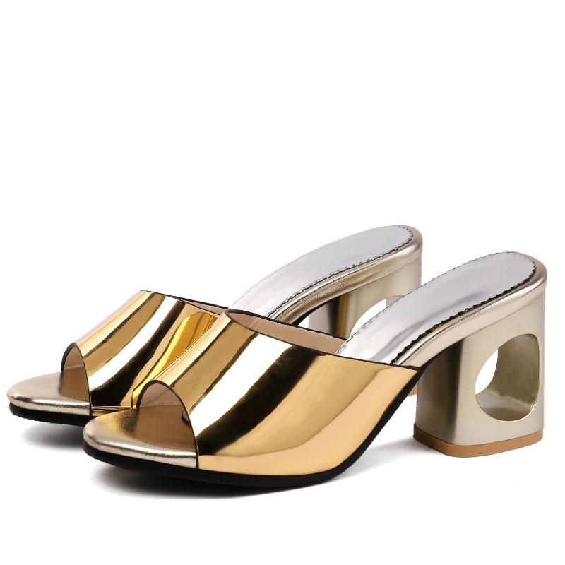 

Летние тапочки женские туфли-мюли на высоком блочном каблуке модные роскошные золотые серебряные шлепанцы повседневные сандалии женские большого размера 45 48 40 золотой