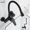 Robinet d'évier de cuisine mural ELLEN Robinet mélangeur d'eau chaude et froide pour évier 2 trous Robinet noir Pivotant à 360 degrés ELK5400