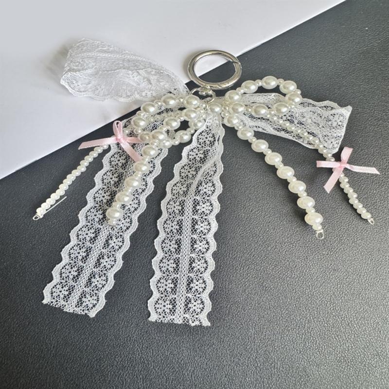 Stylish Phone Ornament With Fabric PVC Design Secure Clip For Key Bags Decoration Beads Lace Bowknot Keychain Pendant